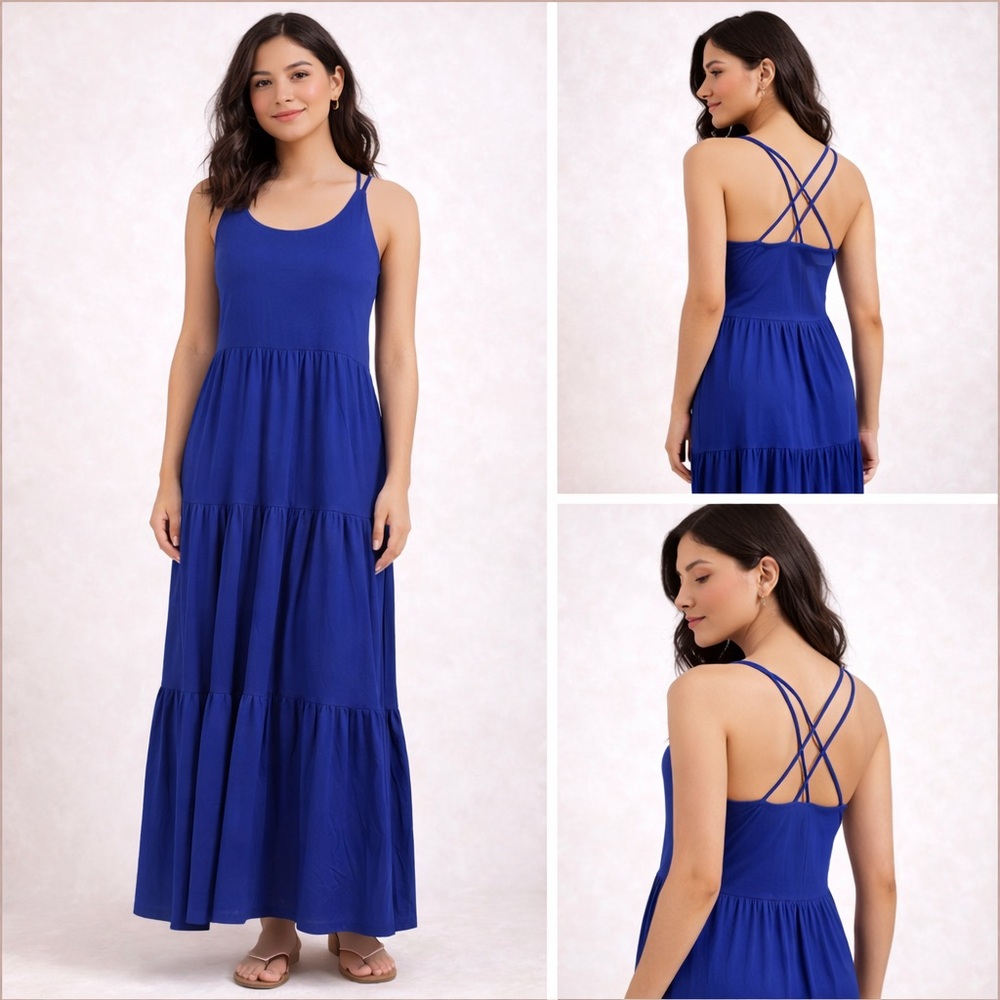 LOFT Cobalt Blue Tiered Maxi Dress Strappy Criss Cross Back Size 4